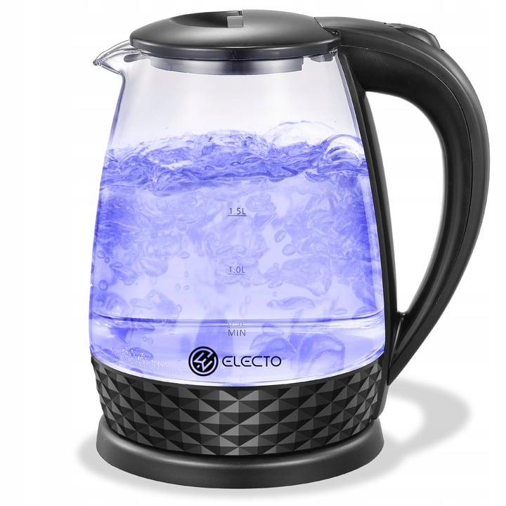 CZAJNIK ELEKTRYCZNY SZKLANY BEZPRZEWODOWY ŚWIECĄCY LED MOCNY 1500W 2L